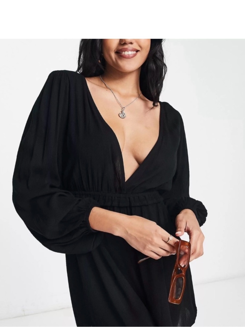 Asos Design Volume Sleeve Plunge Black Beach Romper Sz 10 Tall NWT - Picture 3 of 16
